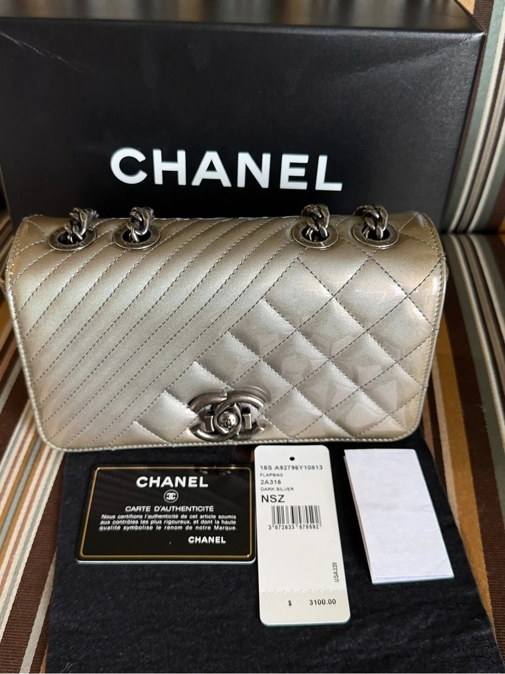 Chanel Coco Boyd Quilted Patent Leather Flap Bag in Dark Gray